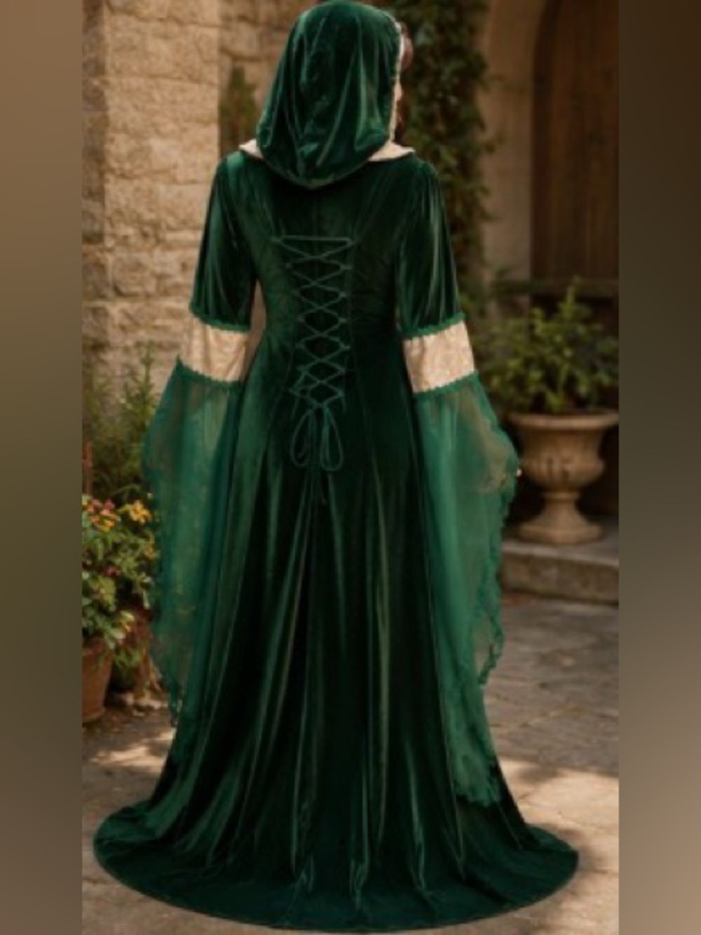 Renaissance Medieval Hooded Gown. Emerald Green Velvet Lace-Up Dress XL NWOT - Picture 4 of 8